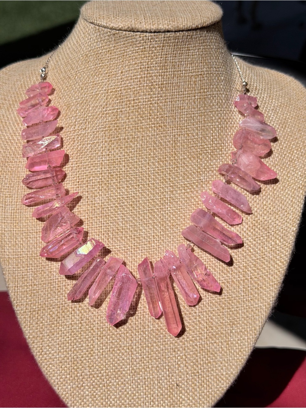 Pink Aura Quartz Crystals Statement Necklace
Hand Knotted